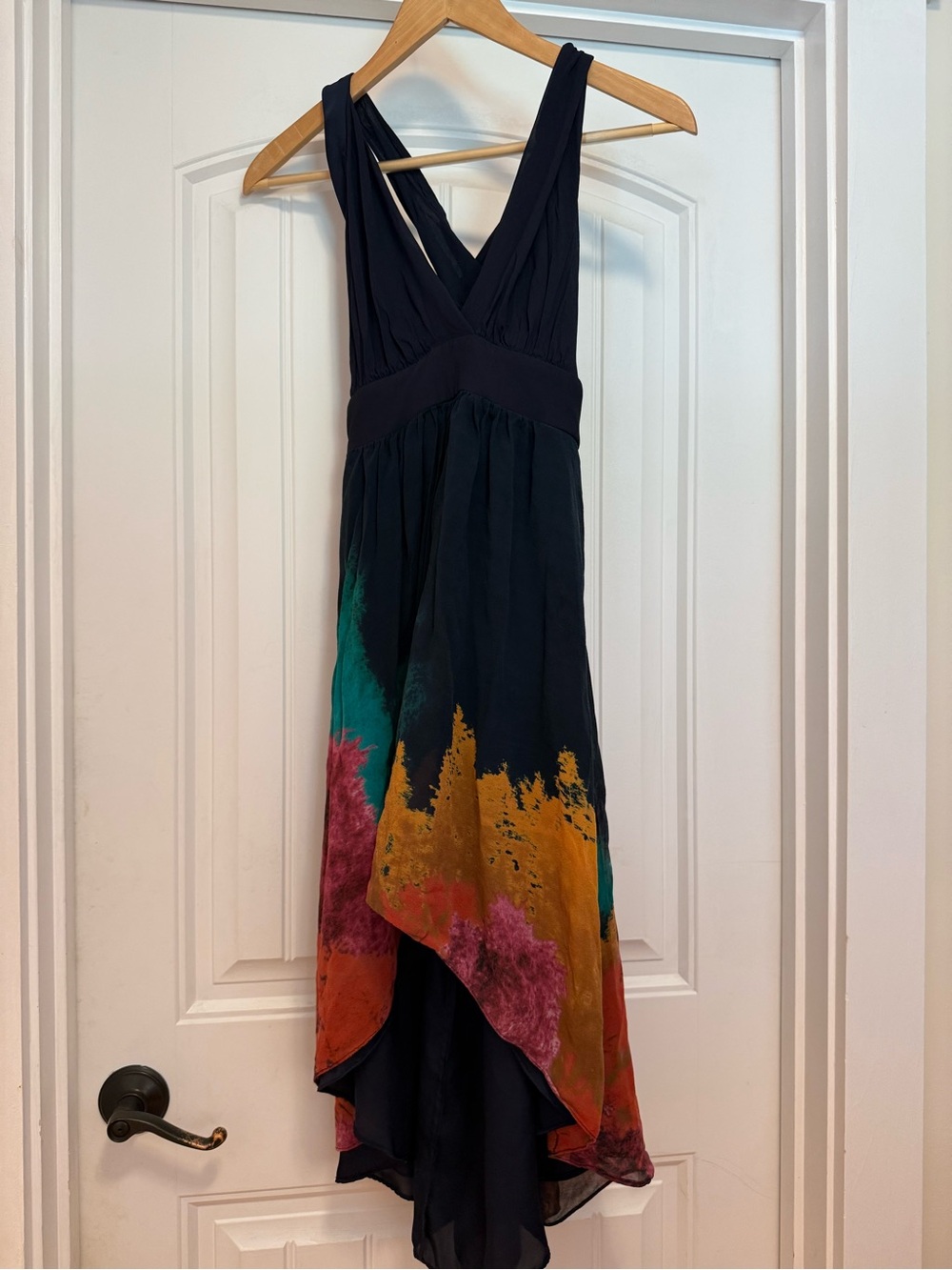 Nicole Miller Navy Asymmetrical Dress with Teal, Mustard, Coral & Magenta Hem